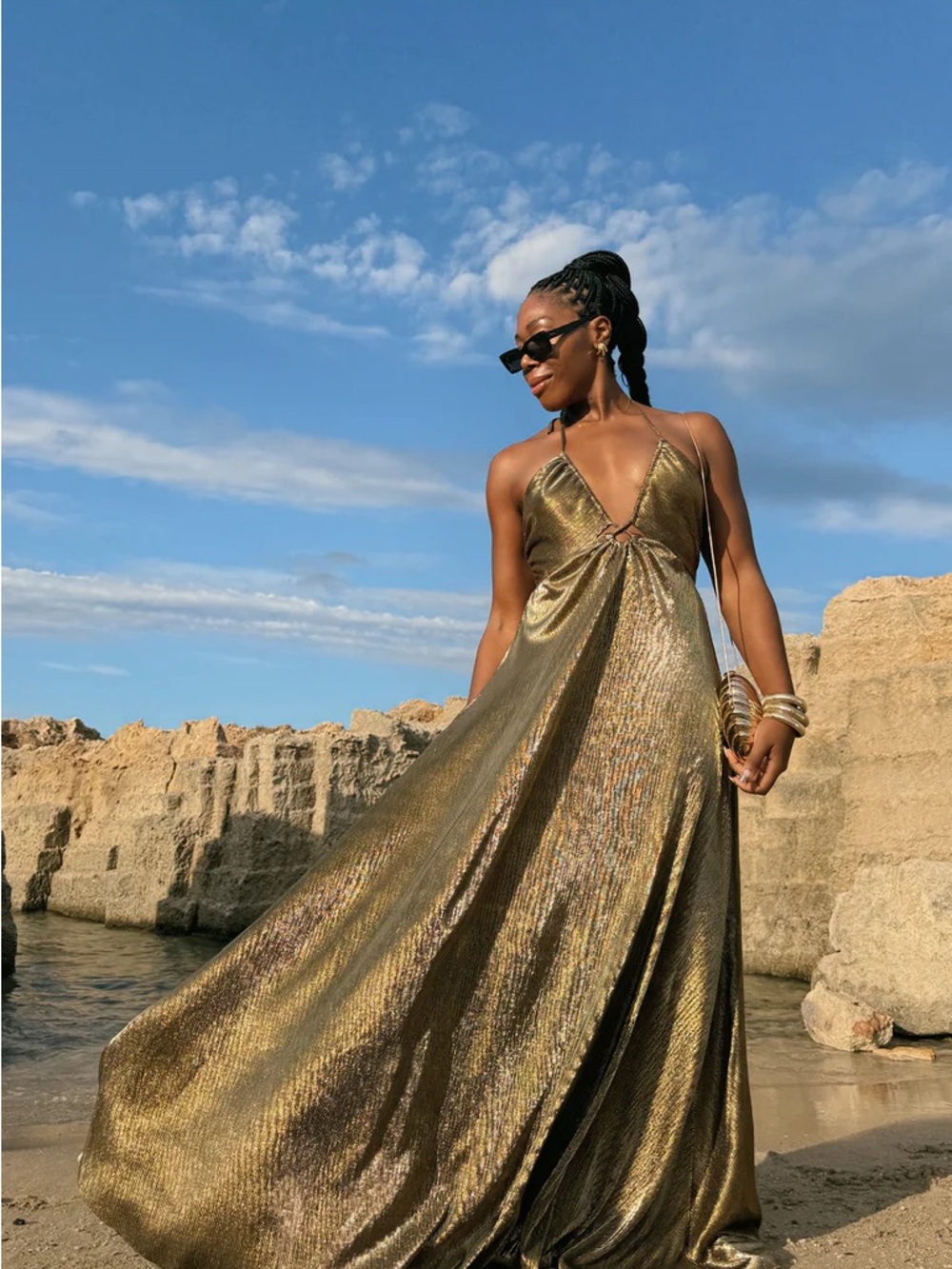 Show Me Your Mumu Paros Gold Pleated Metallic Gold Maxi Dress - Picture 5 of 5